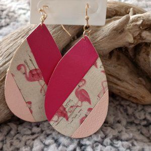 Leather pink flamingo dangle earrings NEW